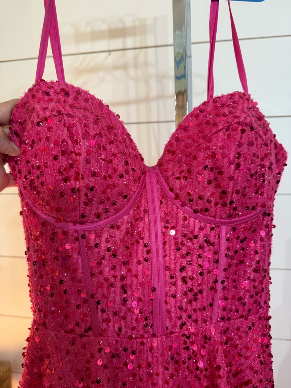 Fuchsia Sequin Spaghetti-Strap Mini Dress - Picture 2 of 4